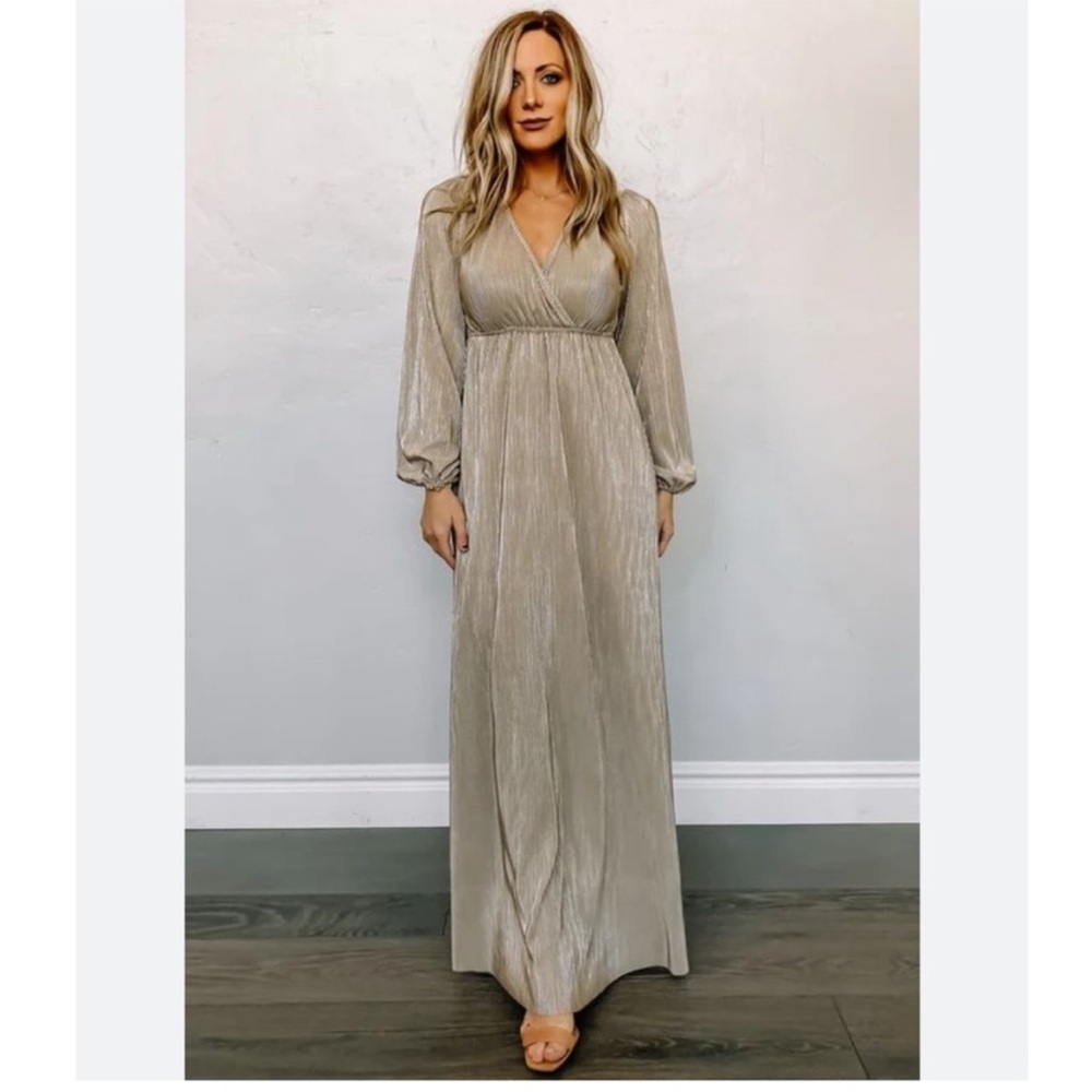 Baltic Born Venus Long Sleeve Pleated Maxi Dress in Gold Size Medium